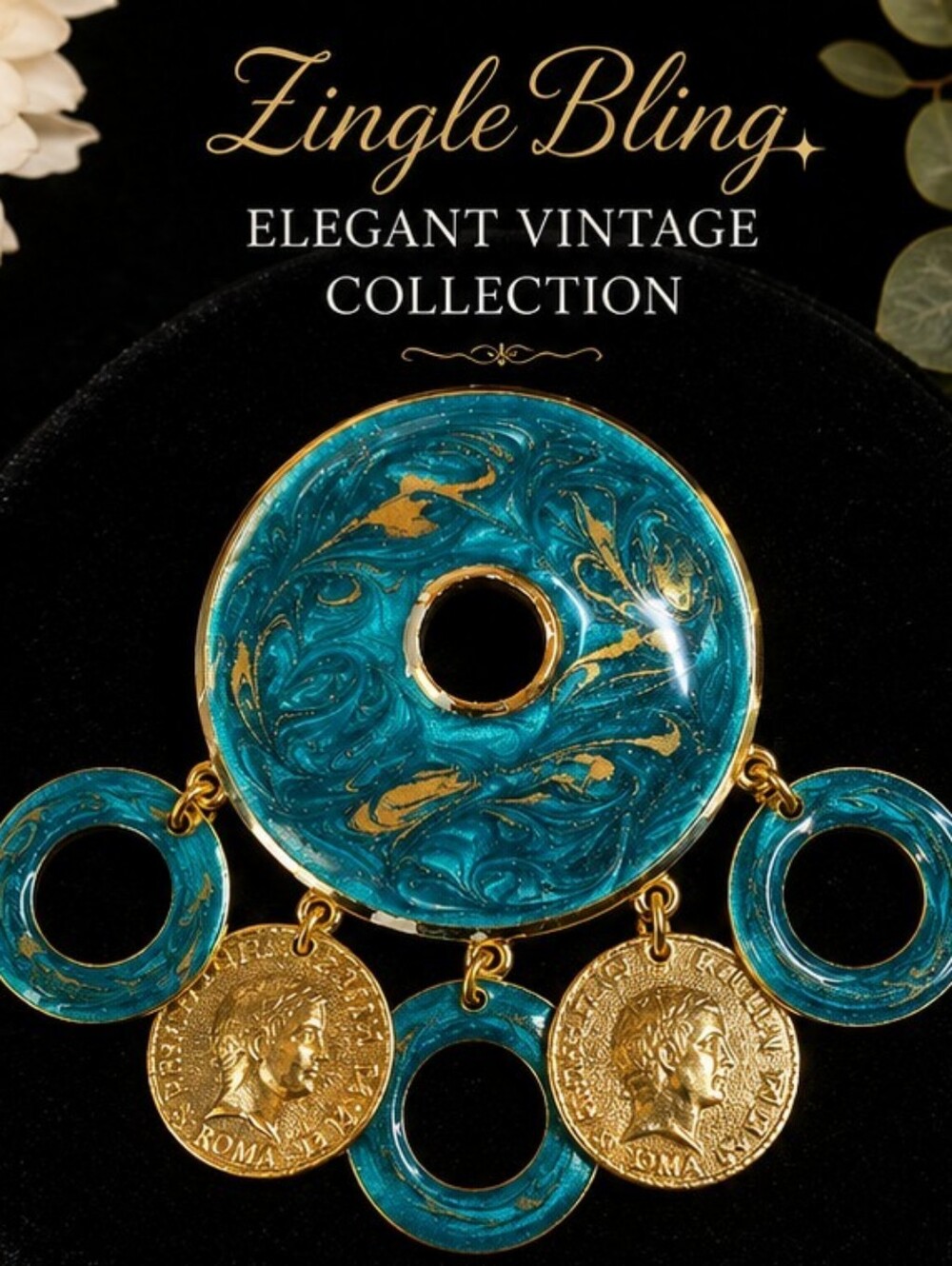 Vintage Teal Enamel Gold Tone Dangle Coin Brooch Statement Pin Roman Medallion